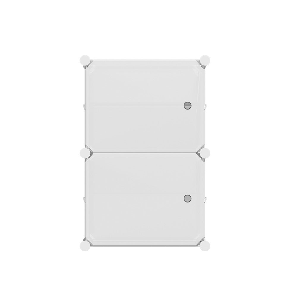 White 2-cube modular shoe cabinet with two doors closed front view on white background
