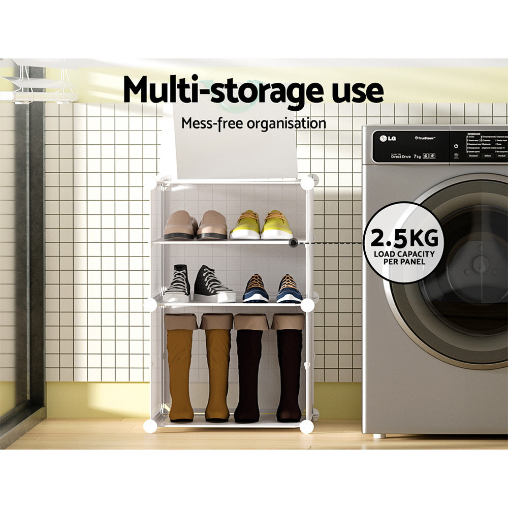 White 2-cube modular shoe cabinet with boots and shoes on open shelves in laundry room with 2.5kg load capacity text