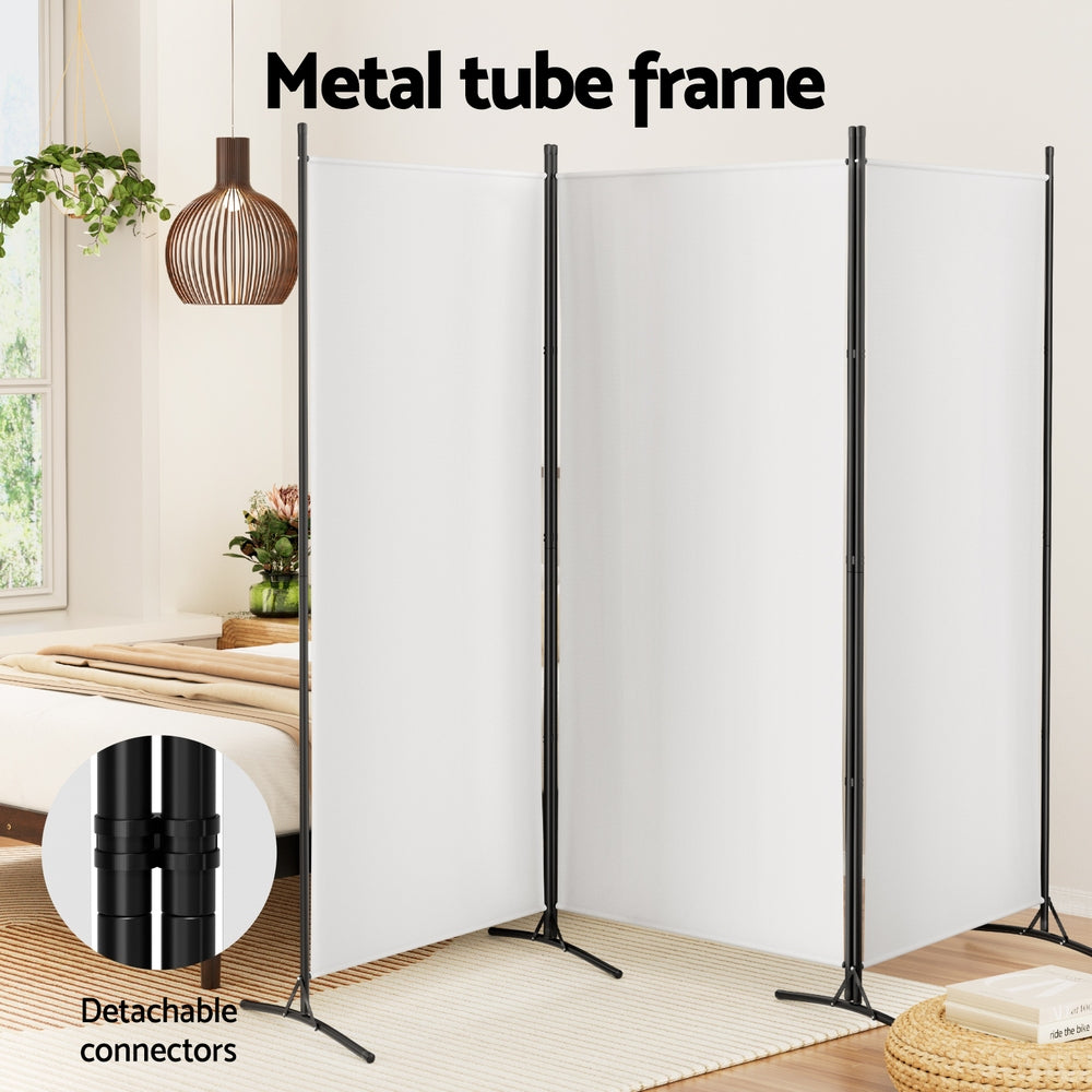 White 3-panel fabric room divider metal tube frame in bedroom lifestyle with detachable connectors close-up