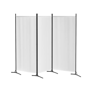 White 3-panel fabric room divider on white background zigzag configuration with black metal frame and X-base feet