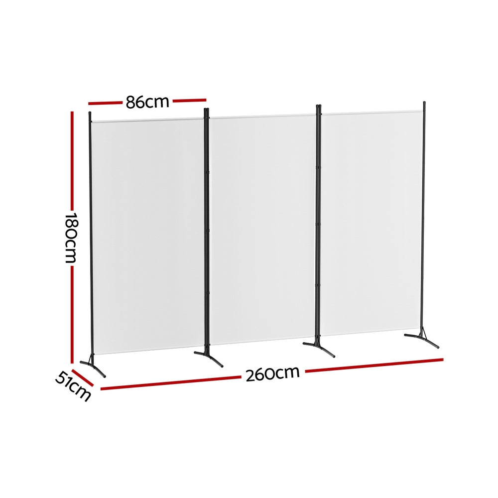 White 3-panel fabric room divider on white background zigzag configuration with black metal frame and X-base feet