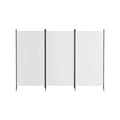White 3-panel fabric room divider front view on white background three flat panels with black metal frame and T-base feet