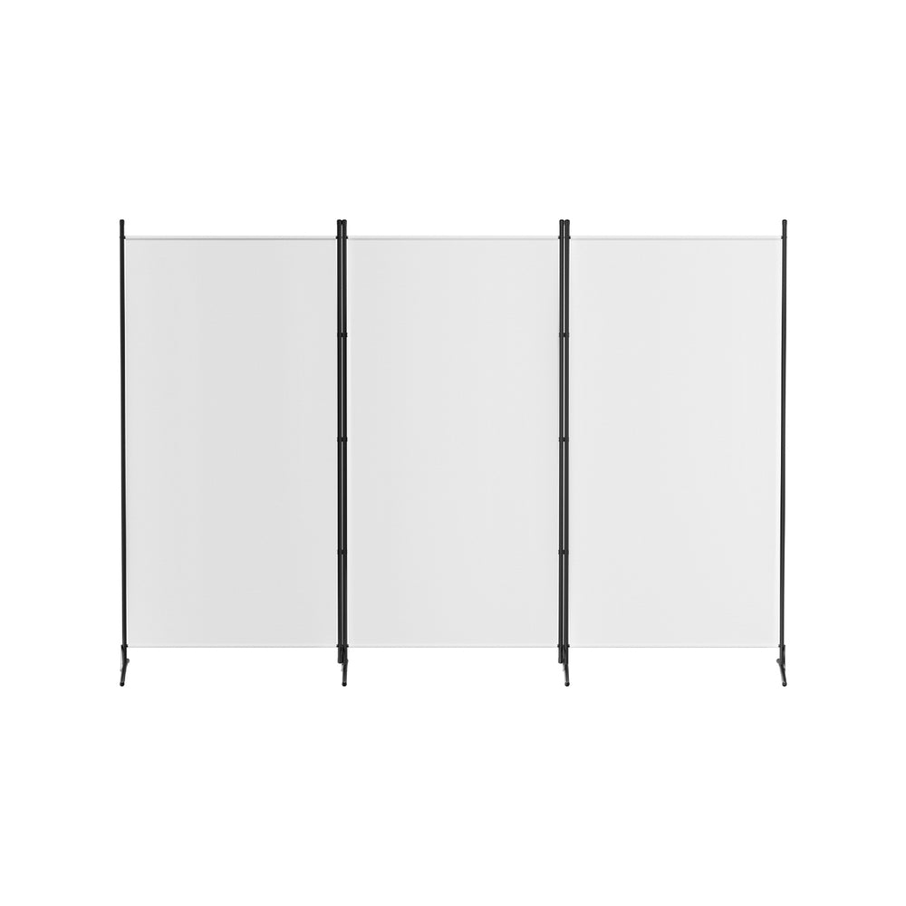 White 3-panel fabric room divider front view on white background three flat panels with black metal frame and T-base feet