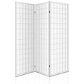 White 3-panel fabric grid shoji room divider arc configuration open view on white background with gold hinges
