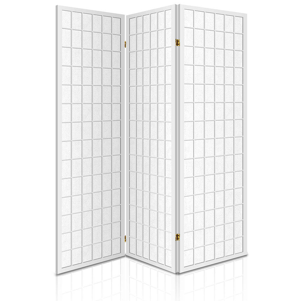White 3-panel fabric grid shoji room divider arc configuration open view on white background with gold hinges