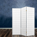 White 3-panel fabric grid shoji room divider in lifestyle room with blue textured concrete wall and dark wood floor