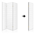 White 3-panel fabric grid shoji room divider open and folded compact storage side view on white background with arrow