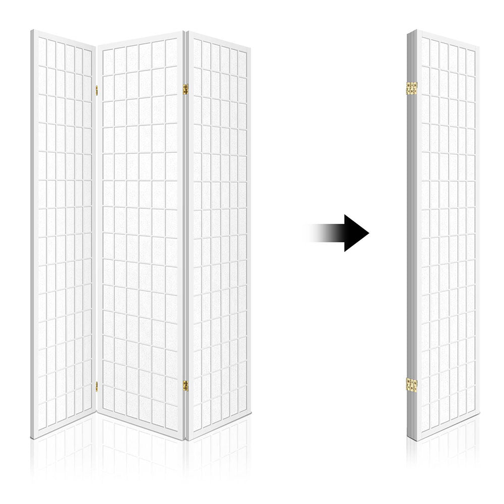 White 3-panel fabric grid shoji room divider open and folded compact storage side view on white background with arrow