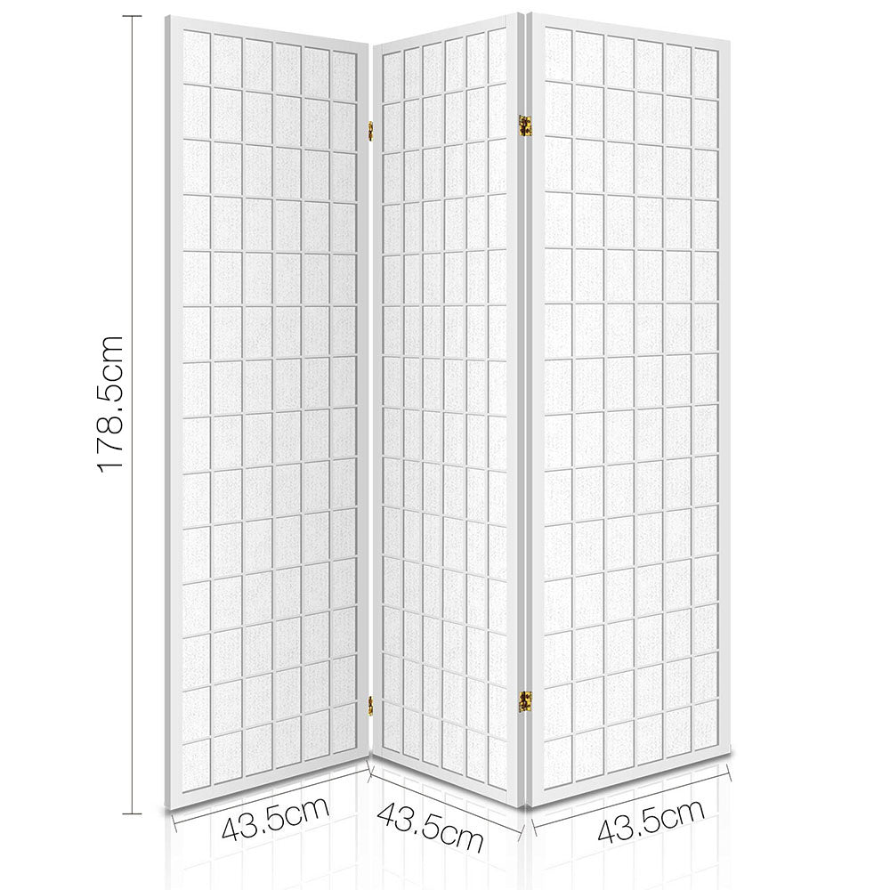 White 3-panel fabric grid shoji room divider dimension diagram 43.5cm panel width 178.5cm height with foldable view