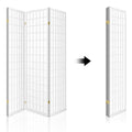 White 3-panel fabric grid shoji room divider open and folded compact storage view on white background with arrow