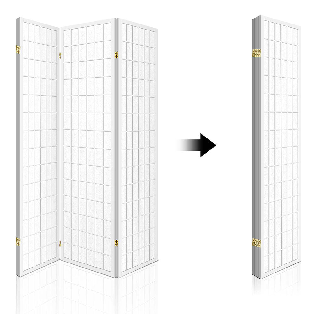White 3-panel fabric grid shoji room divider open and folded compact storage view on white background with arrow