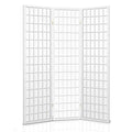 White 3-panel fabric grid shoji room divider flat front view on white background with gold hinges and white wood frame