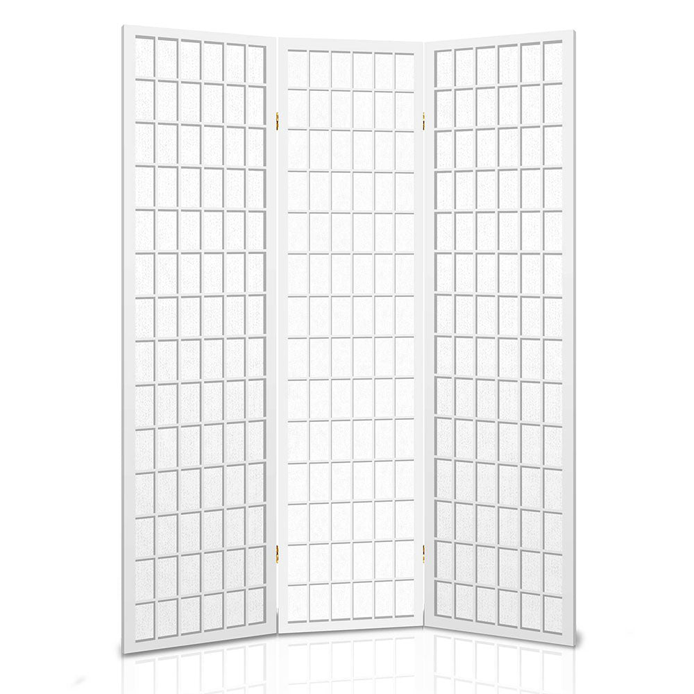 White 3-panel fabric grid shoji room divider flat front view on white background with gold hinges and white wood frame