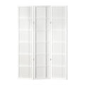 White 3-panel double crosshatch shoji room divider flat front view on white background with white frame and fabric panels
