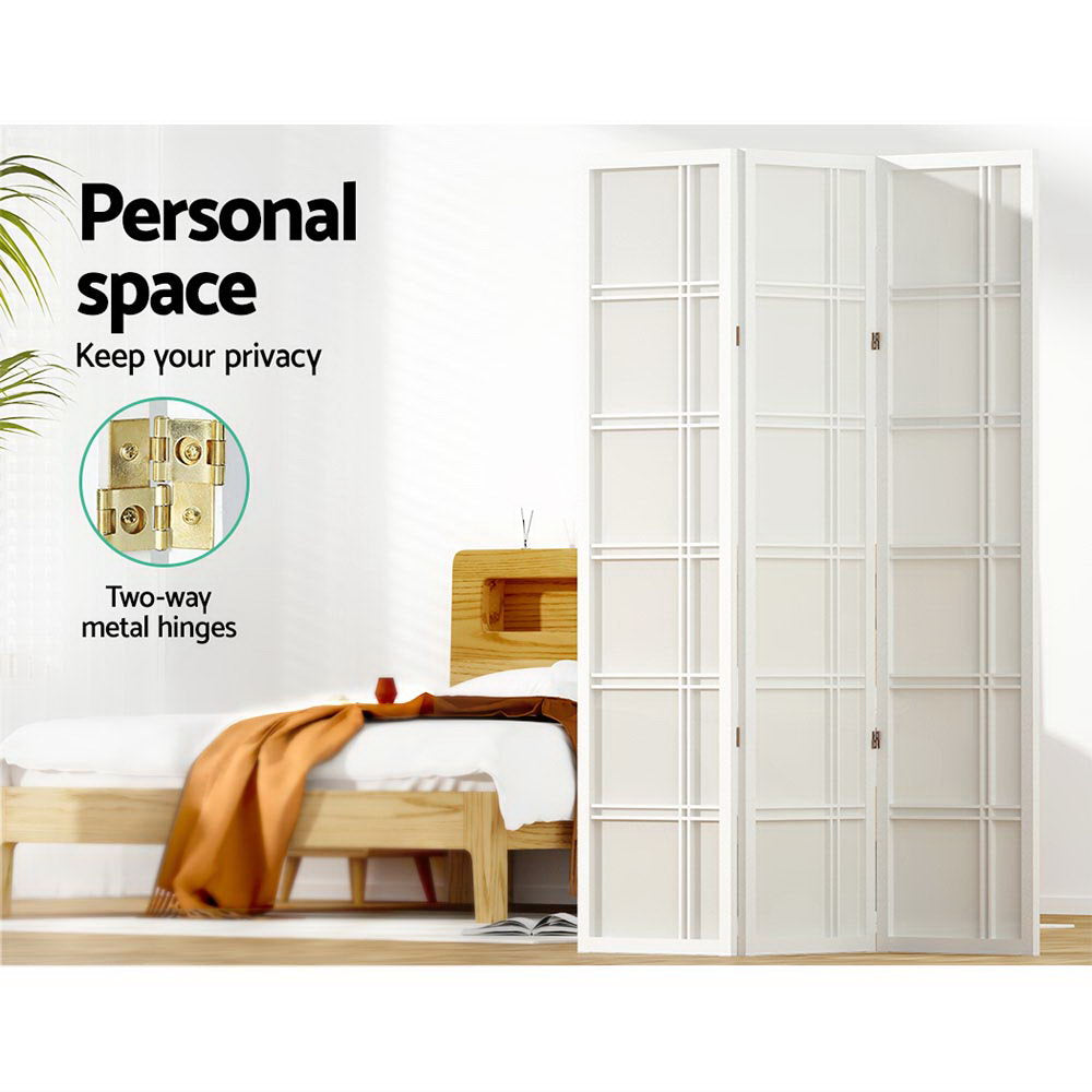 White 3-panel double crosshatch shoji room divider in bedroom lifestyle with personal space and two-way gold metal hinges