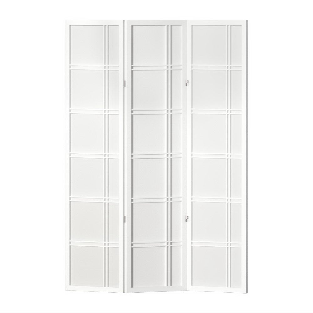 White 3-panel double crosshatch shoji room divider flat open front view on white background with white frame panels