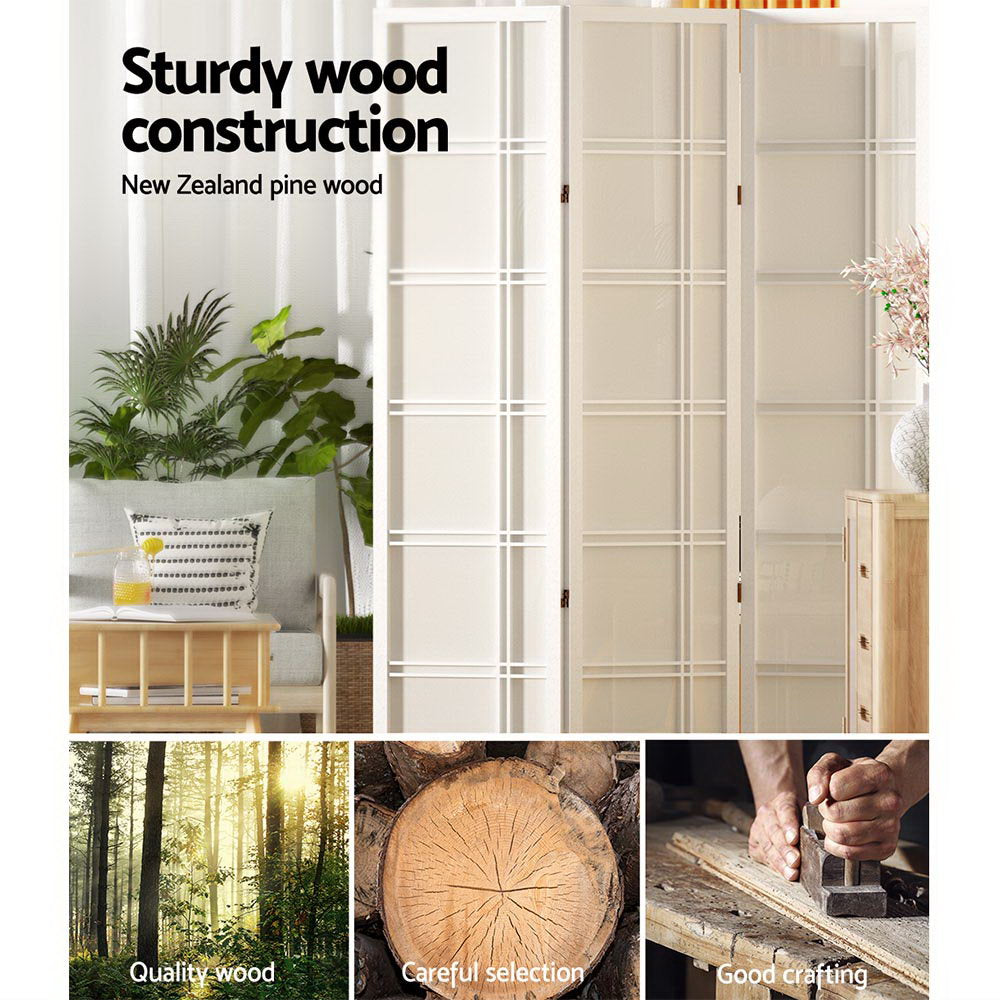 White 3-panel double crosshatch shoji room divider pine wood sturdy construction with quality wood selection and crafting