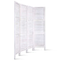 White 3-panel louvered wood room divider angled arc view on white background with horizontal wood slat panels and wood feet