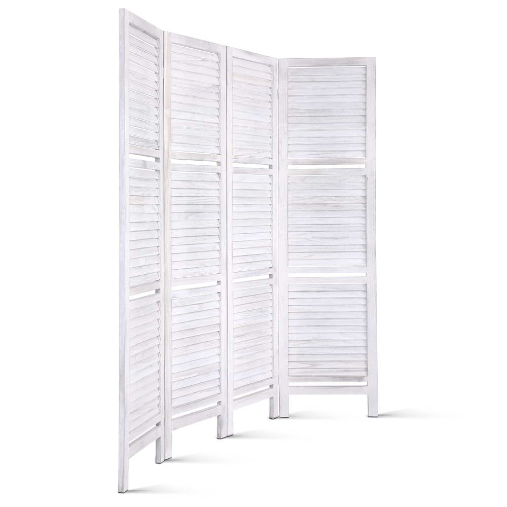 White 3-panel louvered wood room divider angled arc view on white background with horizontal wood slat panels and wood feet