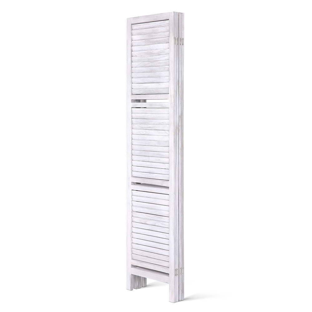 White 3-panel louvered wood room divider folded compact side view on white background with horizontal slat panels
