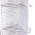 White 3-panel louvered wood room divider corner shelf detail close-up showing slatted panel and small attached shelf