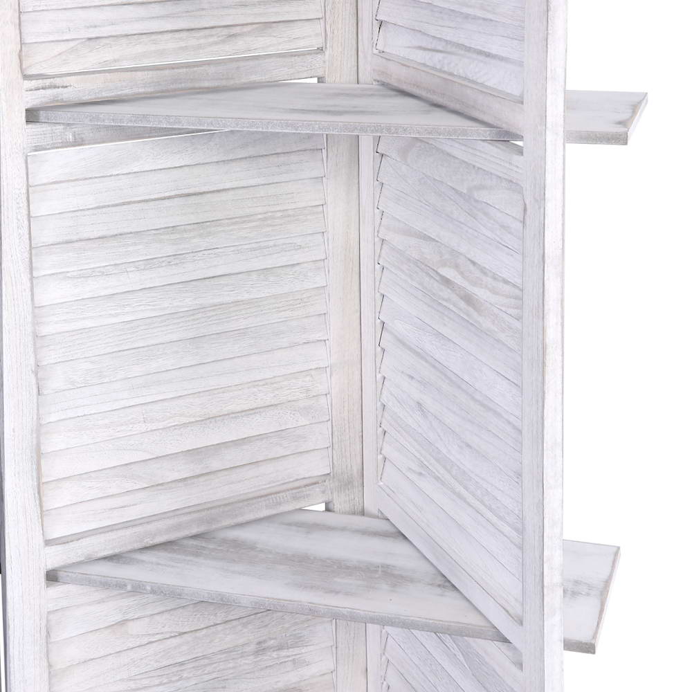 White 3-panel louvered wood room divider corner shelf detail close-up showing slatted panel and small attached shelf