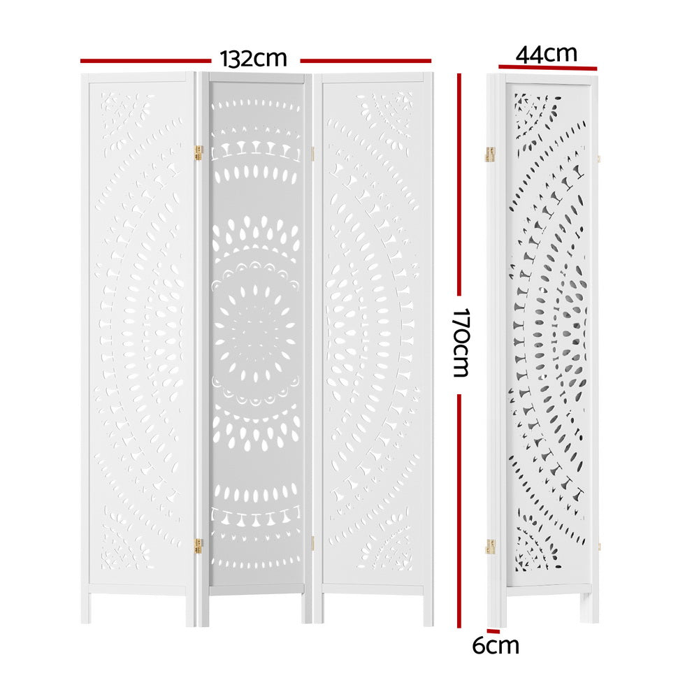 White 3-panel mandala cutout room divider dimension diagram 132cm wide 170cm tall 44cm panel width and 6cm depth