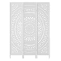 White 3-panel mandala cutout room divider front view on white background showing full circular mandala pattern