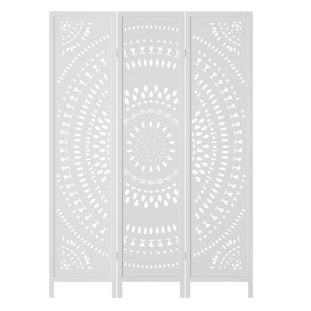 White 3-panel mandala cutout room divider front view on white background showing full circular mandala pattern