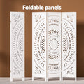White 3-panel mandala cutout room divider foldable panels showing single folded panel and three panels open