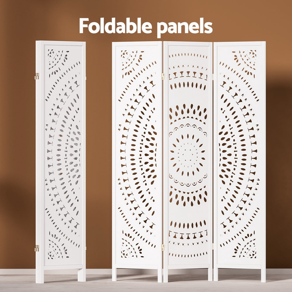 White 3-panel mandala cutout room divider foldable panels showing single folded panel and three panels open