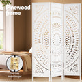 White 3-panel mandala cutout room divider in bedroom lifestyle with pinewood frame and two-way gold metal hinges callout