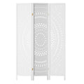White 3-panel mandala cutout room divider angled open front view on white background showing mandala pattern