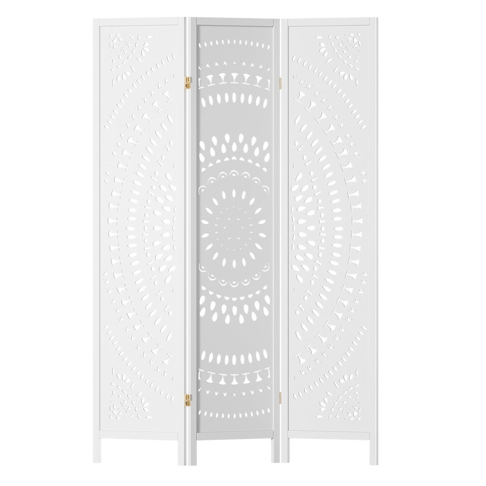 White 3-panel mandala cutout room divider angled open front view on white background showing mandala pattern