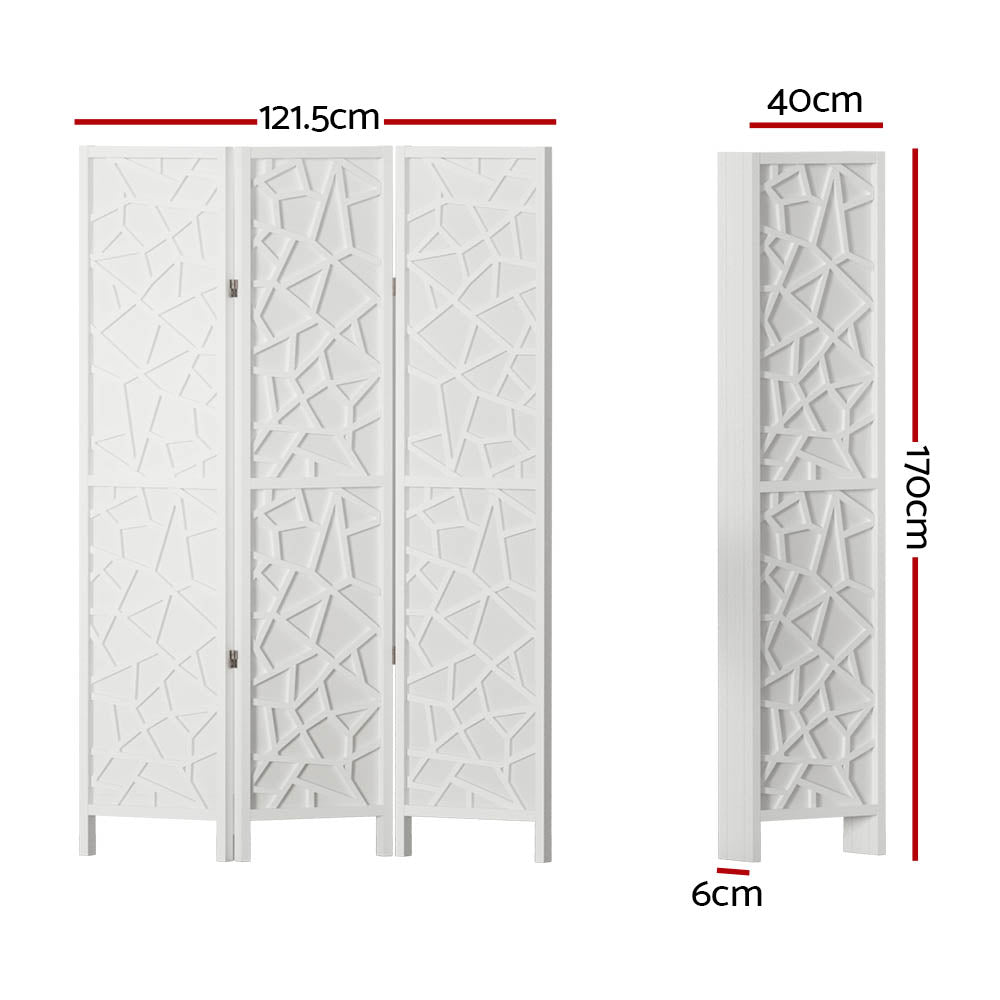 White 3-panel MDF star cutout room divider dimension diagram 121.5cm wide 170cm tall 40cm depth and 6cm side depth
