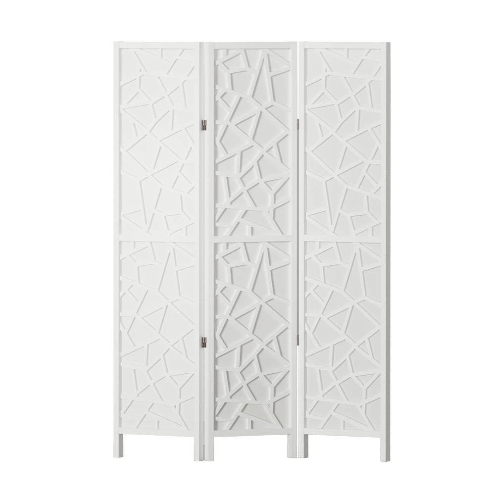 White 3-panel MDF star cutout room divider flat front view on white background with gold hinges and white wood feet
