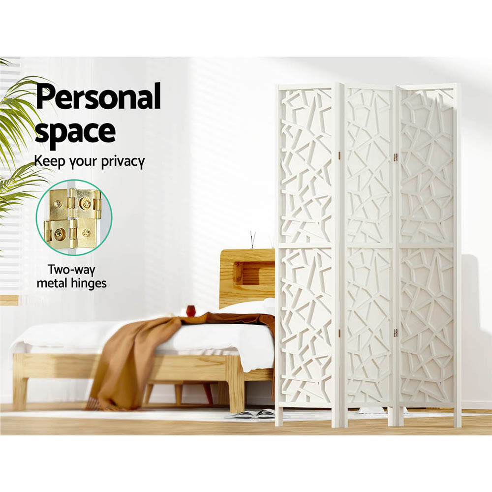 White 3-panel MDF star cutout room divider in bedroom lifestyle with personal space and two-way gold metal hinges callout
