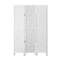 White 3-panel MDF star cutout room divider open flat view on white background with silver hinges and white wood feet