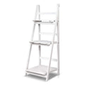 White 3-tier A-frame ladder shelf with slatted shelves, empty, angle view on white background