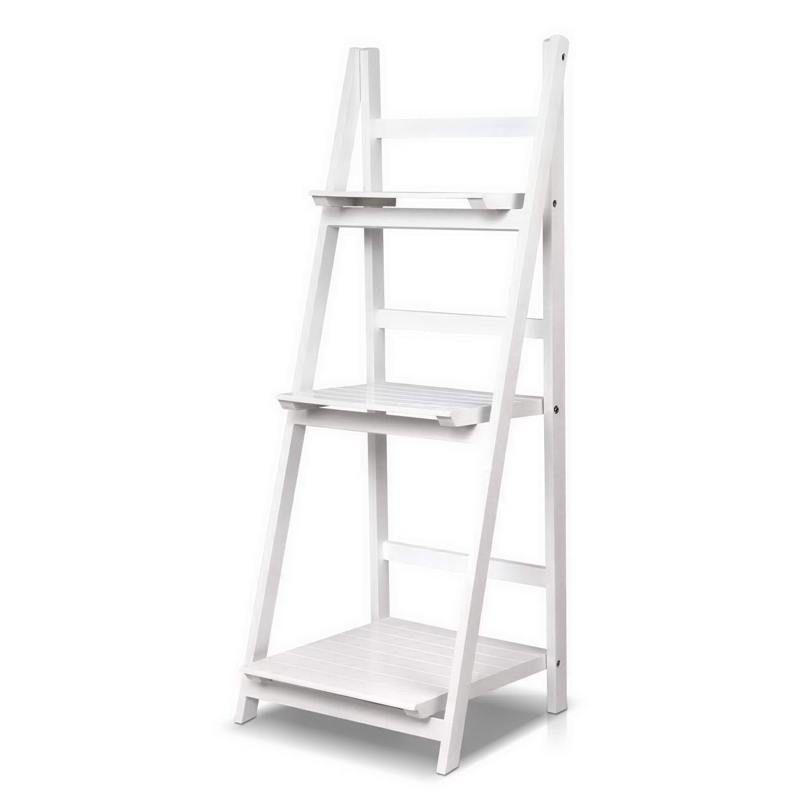 White 3-tier A-frame ladder shelf with slatted shelves, empty, angle view on white background