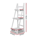 White 3-tier A-frame ladder shelf dimensions: 110 cm tall, shelves 19, 29, 35 cm wide; base 42.5 x 37.2 cm
