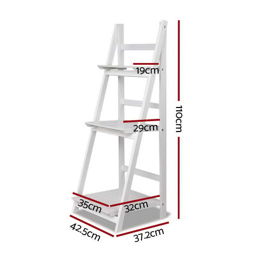 White 3-tier A-frame ladder shelf dimensions: 110 cm tall, shelves 19, 29, 35 cm wide; base 42.5 x 37.2 cm
