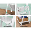 4-panel detail of white ladder shelf: lock-up stability design, reinforced side bars, sleek grooves, durable thick board