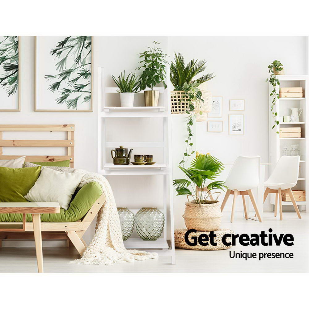 White 3-tier ladder shelf with potted plants and mugs in botanical living room; text reads Get creative, unique presence
