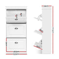 White three-tier shoe cabinet dimensions 53.5cm wide 117.5cm tall 24cm deep with tray measurements 8cm 10cm 14cm and 33cm