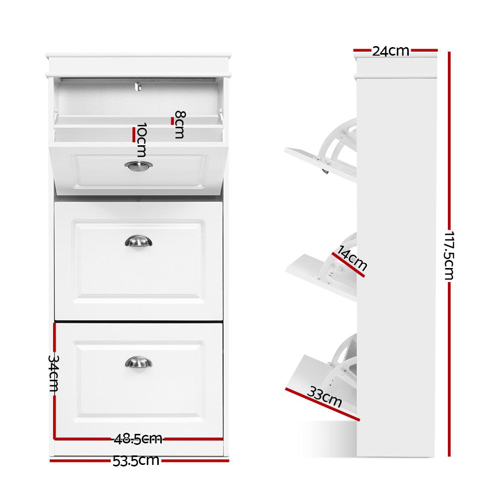 White three-tier shoe cabinet dimensions 53.5cm wide 117.5cm tall 24cm deep with tray measurements 8cm 10cm 14cm and 33cm