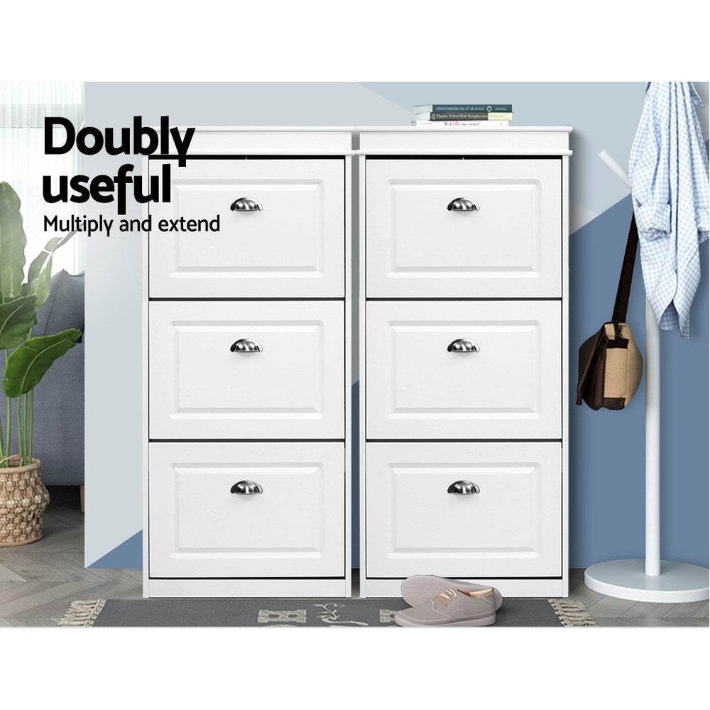 Two white three-tier flip-out shoe cabinets placed side by side in hallway doubly useful multiply and extend text visible