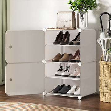 White 4-cube modular shoe cabinet with right column open showing heels on shelves and handbag on top in hallway setting