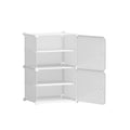 White 4-cube modular shoe cabinet with left column open showing shelves and right column with two doors angle view
