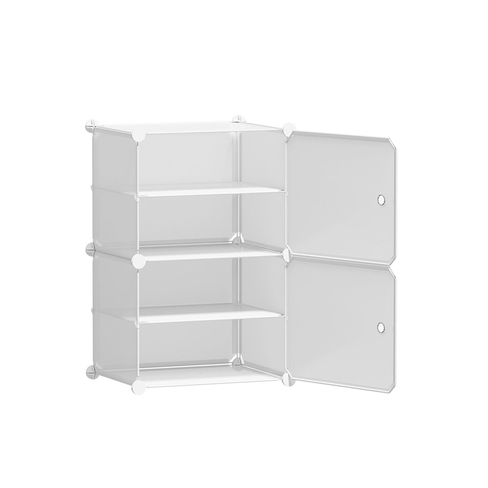 White 4-cube modular shoe cabinet with left column open showing shelves and right column with two doors angle view